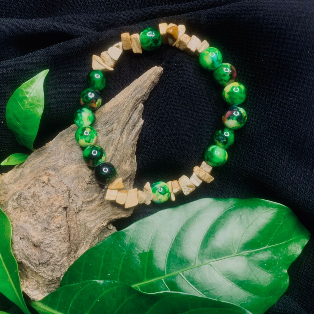 Bark Agate and Black Green Stone Chip Bracelet, Stretch Bracelet