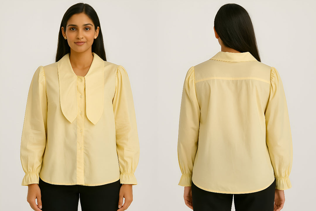Women's Yellow Peter Pan Collar Puff Sleeve Shirt Casual & Office Wear