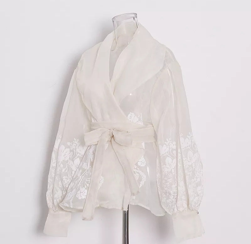 Minimalist Vintage Print Embroidery Shirt Organza For Women