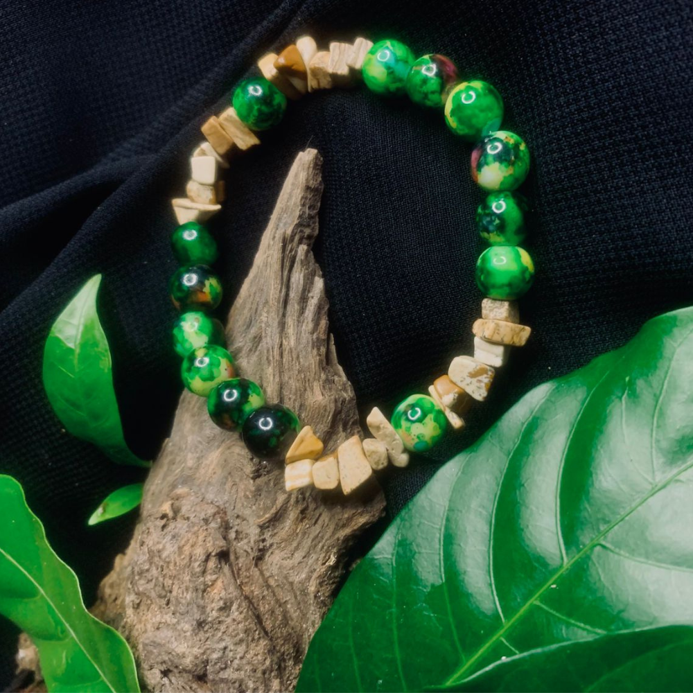 Bark Agate and Black Green Stone Chip Bracelet, Stretch Bracelet