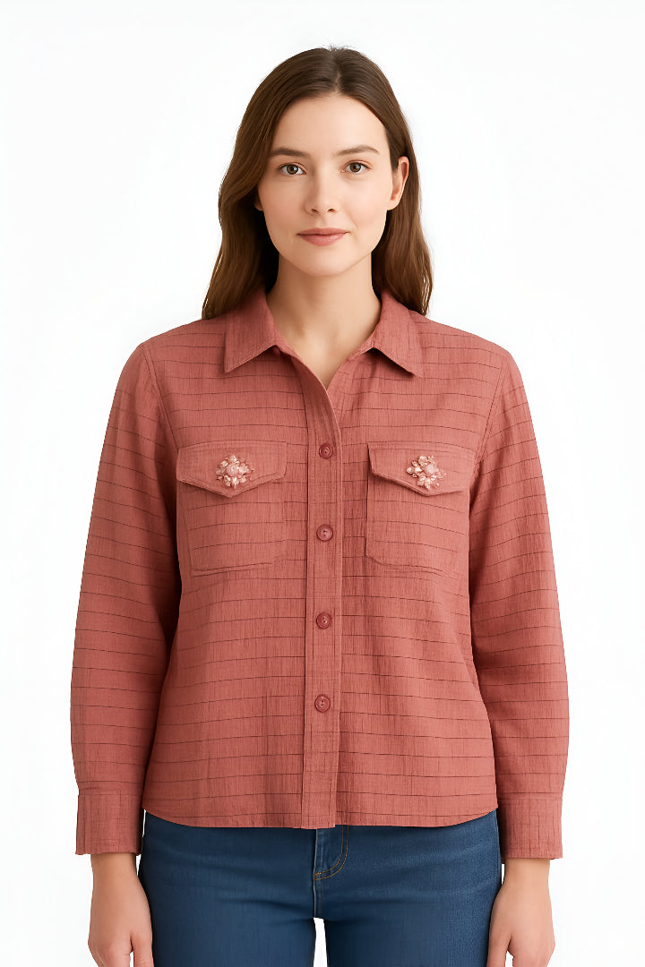 Striped Button-Up Shirt  Embellished Pockets, Long Sleeves