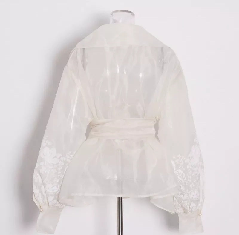 Minimalist Vintage Print Embroidery Shirt Organza For Women