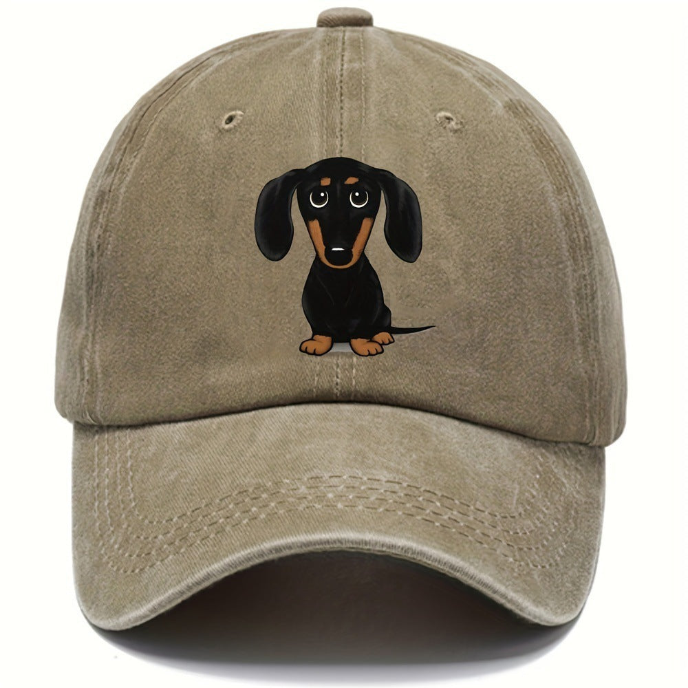 Retro Washed Baseball Cap Dachshund Printed Peaked Cap
