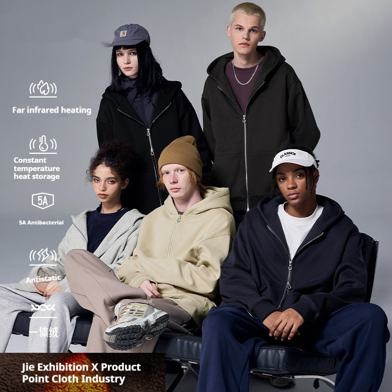 Flame Single-layer Fleece-lined Hooded Jacket Solid Color