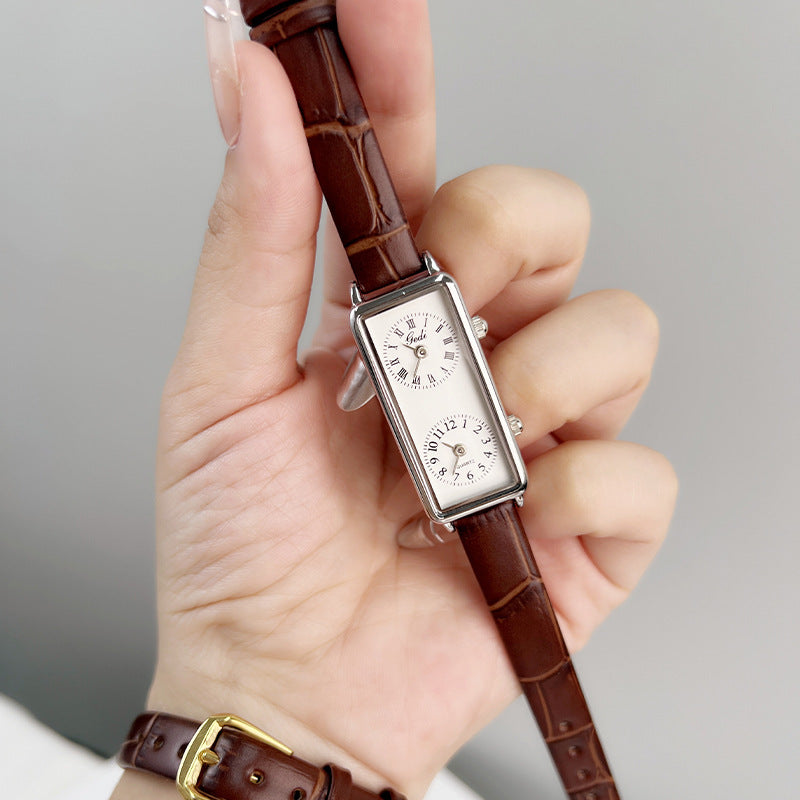 Creative Double Time Zone Business Niche Retro Rectangular High Sense Double Inserts Women's Quartz Watch