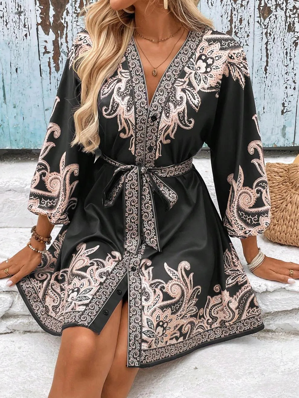 Paisley V-Neck 3/4 Sleeve Mini Dress