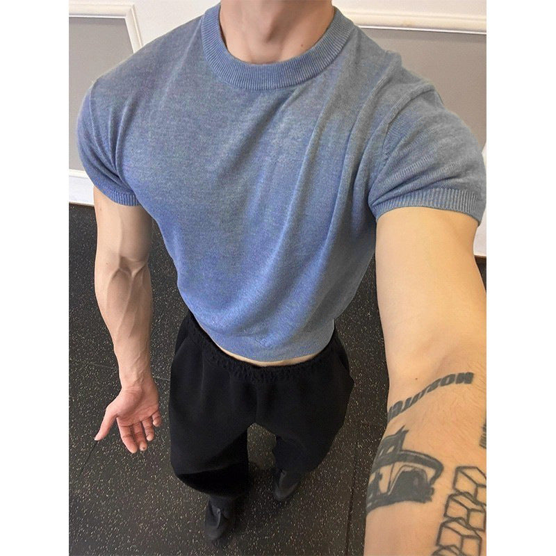 Fitness Muscle-showing Thread Cuff-closing T-shirt Knitted Slim Fit Short Sleeve Men Clothing