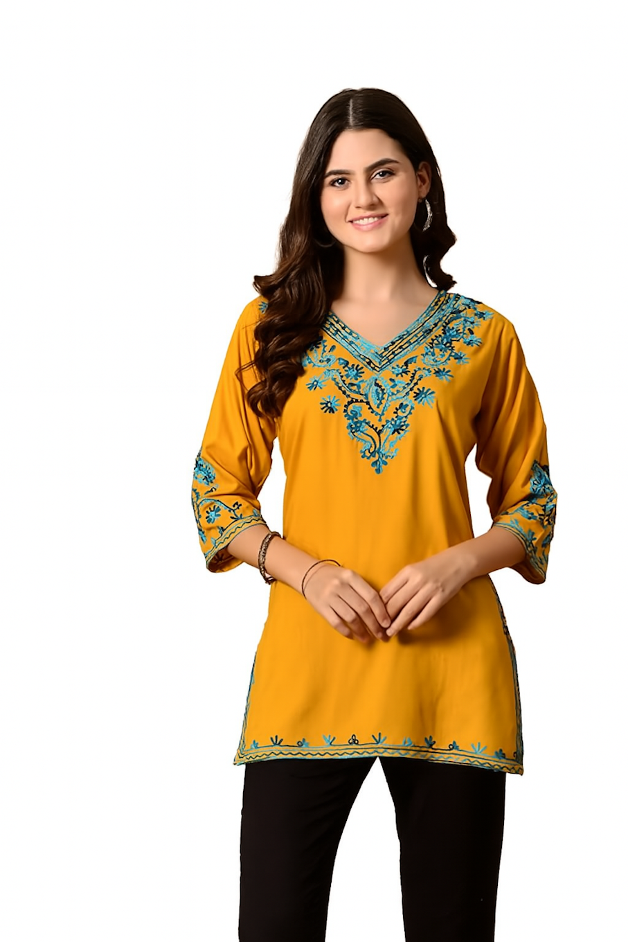 Embroidered Mustard Tunic Top (Size-S)