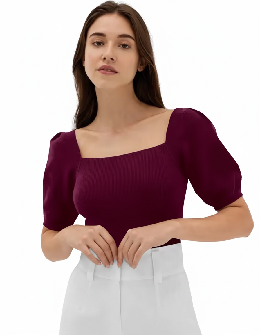 L-Women's Ribbed Knit Top – Puff Sleeves, Square Neck, Maroon Casual