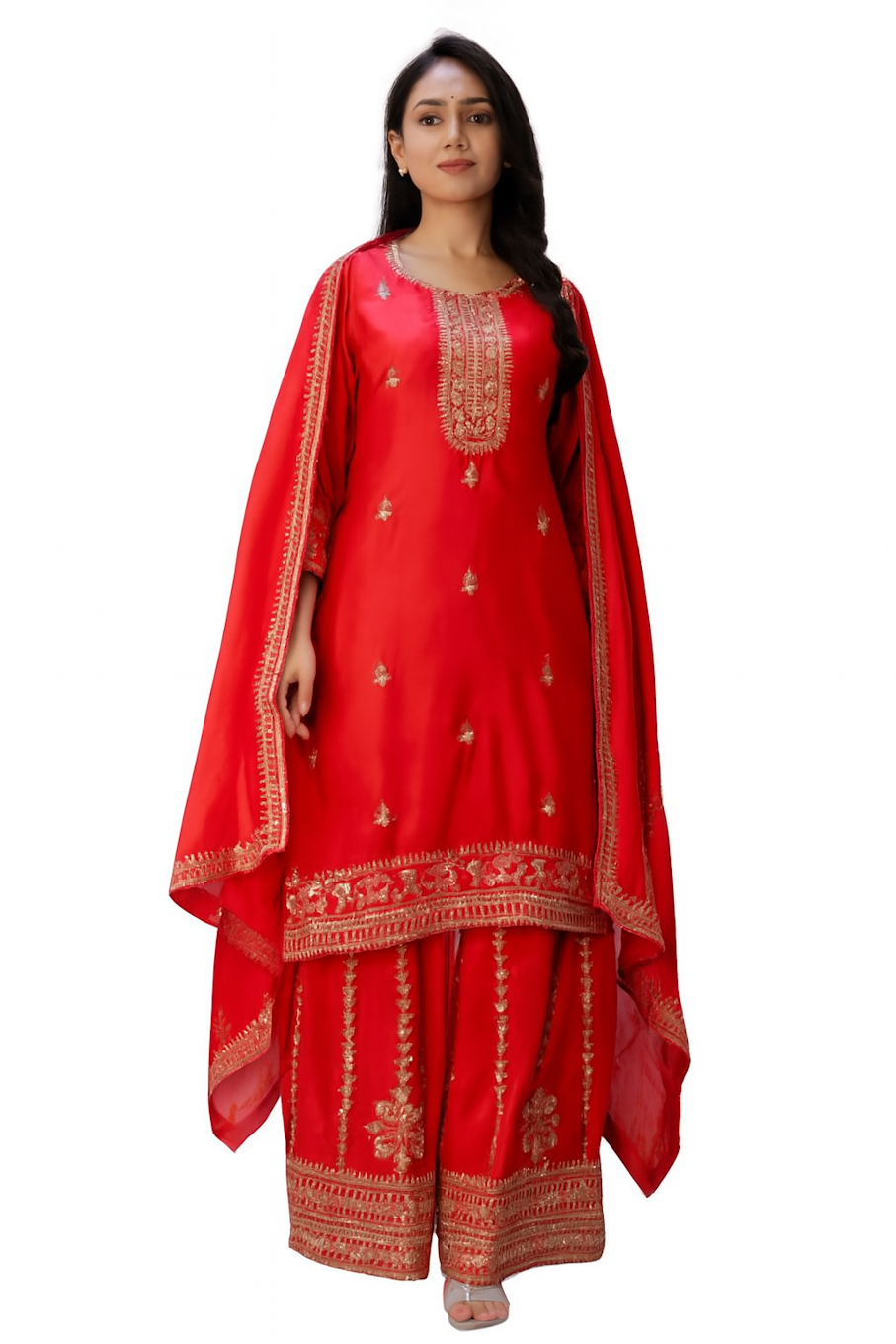 Women Designer Embroidery Kurta Set-Red (Size-S) | D203