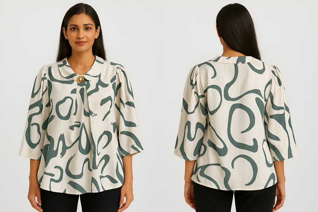 Abstract Print Blouse – Button-Up, 3/4 Sleeves, Casual Wear