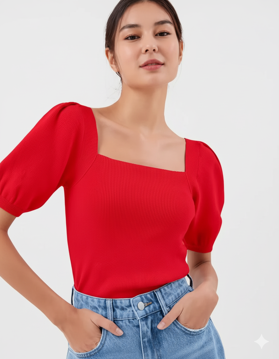 2XL-Women's Ribbed Knit Top – Puff Sleeves, Square Neck, Red, Casual