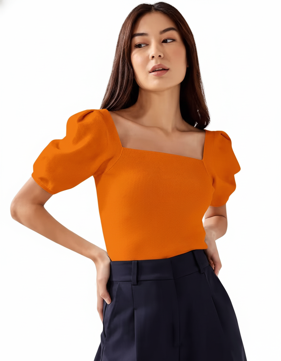 M-Women's Ribbed Knit Top – Puff Sleeves, Square Neck, Orange Casual