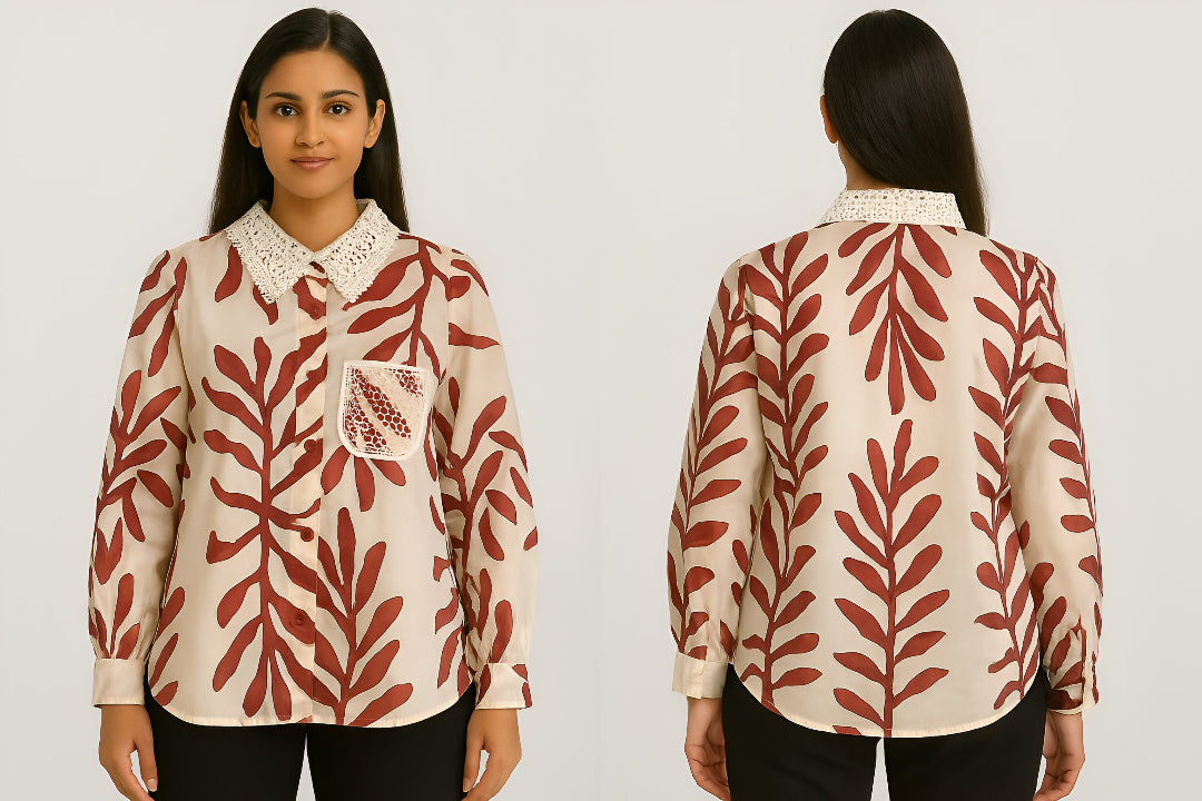 Women's Printed Shirt with Lace Collar – Beige & Maroon