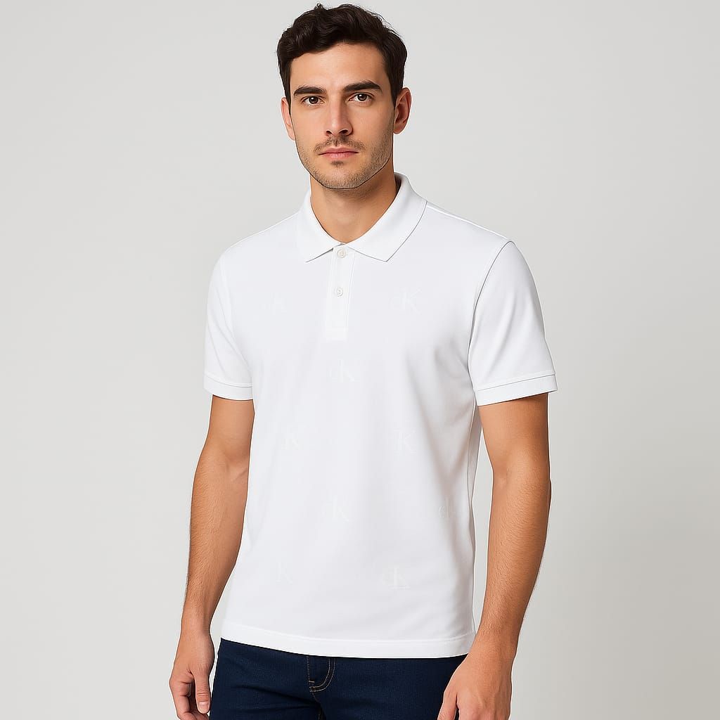 CK Embossed White Pique Polo Shirt (Size-2XL)