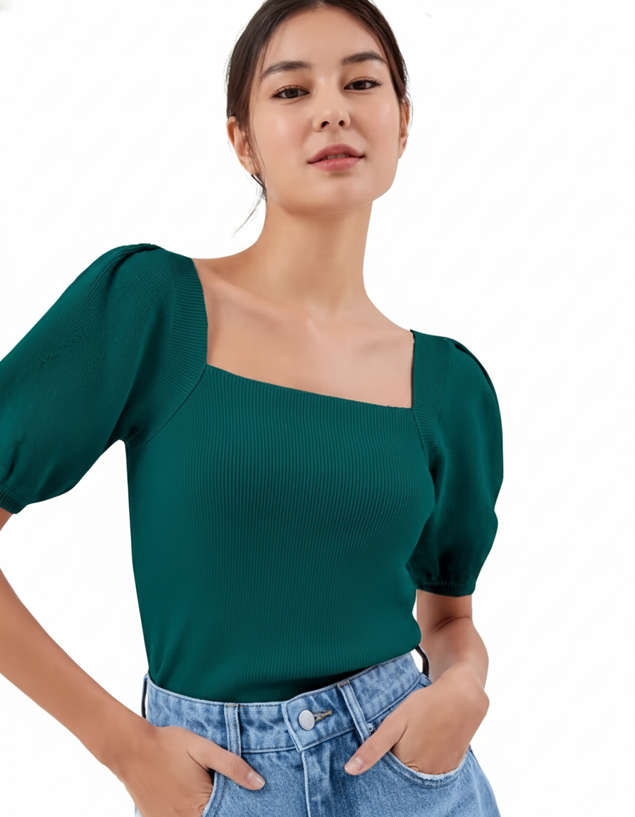 L-Women's Ribbed Knit Top – Puff Sleeves, Square Neck, Green Casual
