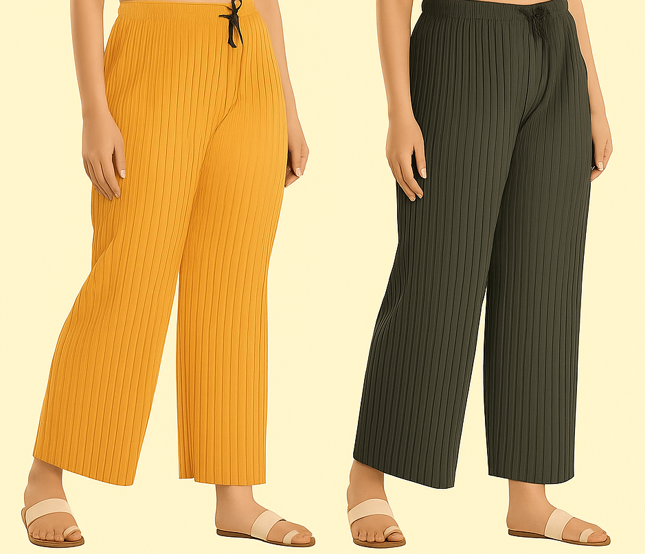 Women Relaxed Polyester Trousers-Yellow & Grey (Size-S)