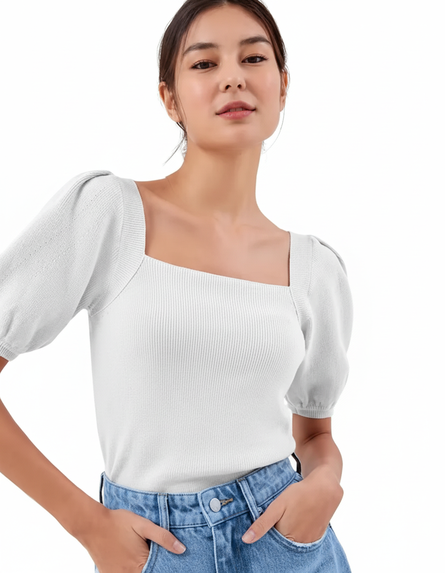 S-Women's Ribbed Knit Top – Puff Sleeves, Square Neck, White Casual