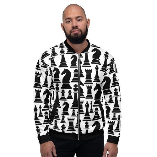 Mens Jacket - Black and White Chess Style Bomber Jacket