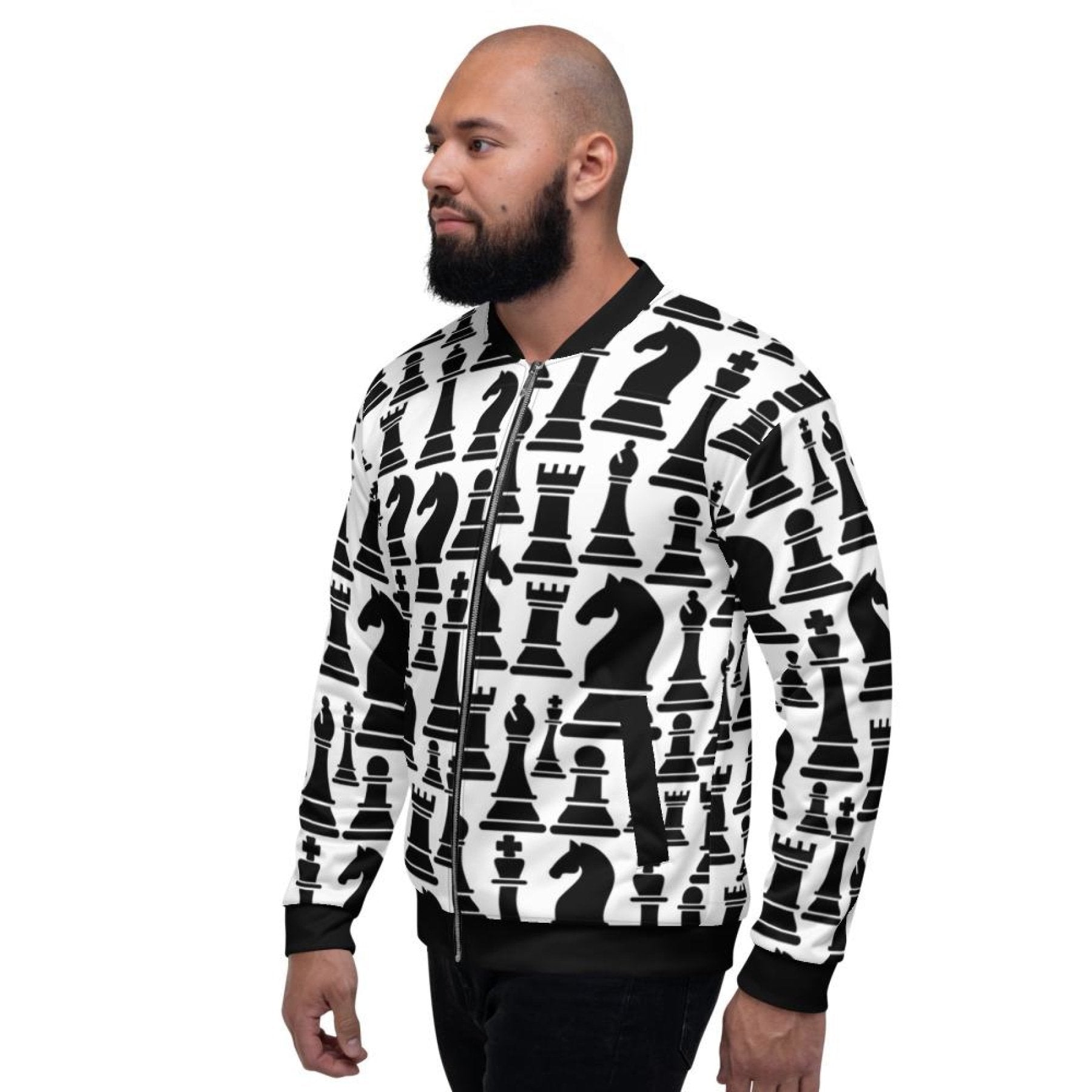 Mens Jacket - Black and White Chess Style Bomber Jacket